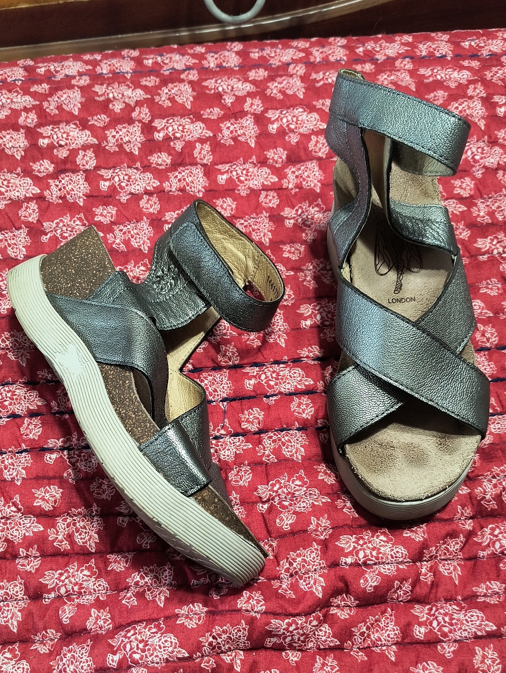 Fly London Metallic Pewter Wedge Sandals